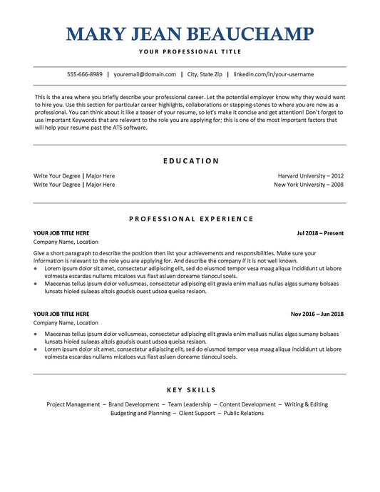 MARY JEAN 1 Page Resume Template