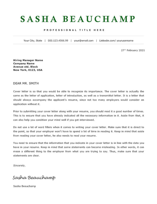 SASHA Cover Letter Template